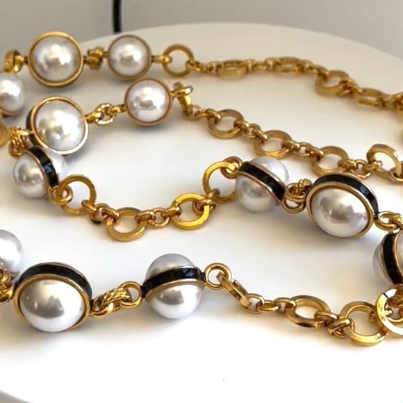 KENNETH JAY LANE 32″ INCH GOLD/BLACK ENAMEL WHITE PEARL LINK NECKLACE!!